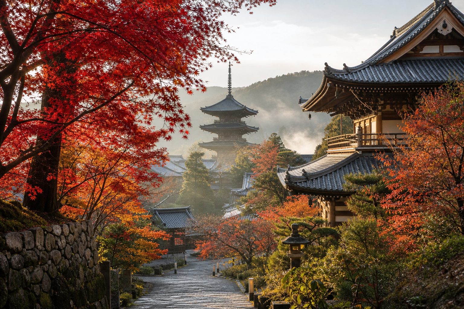 Kyoto temple among red autumn maples