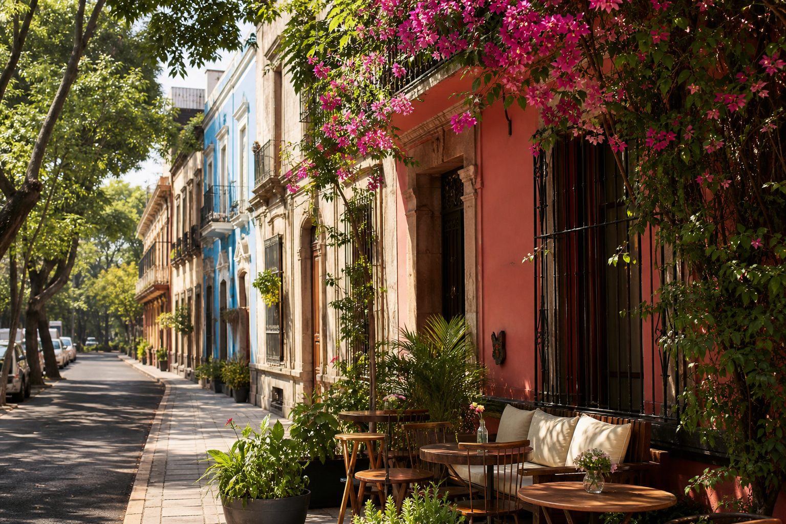Leafy colorful street in Mexico City