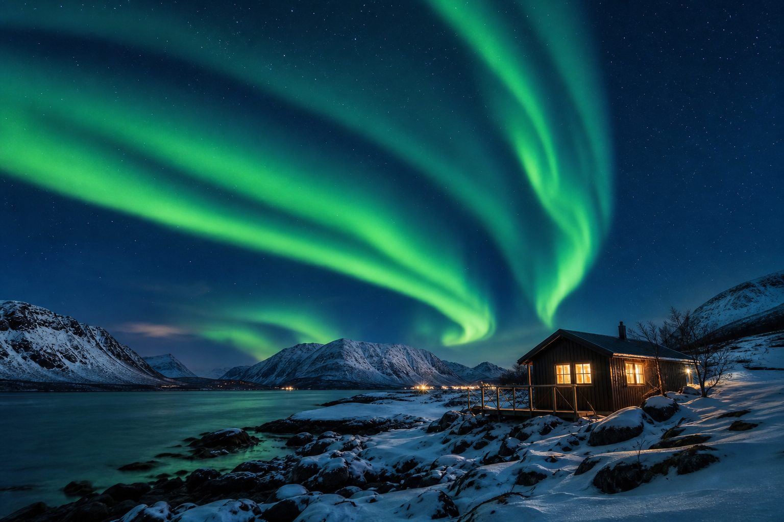 Northern lights over a snowy cabin in Norway