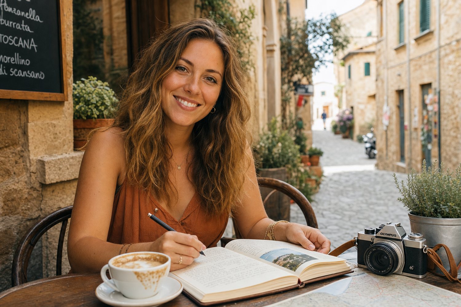 Renée writing in her travel journal at a café