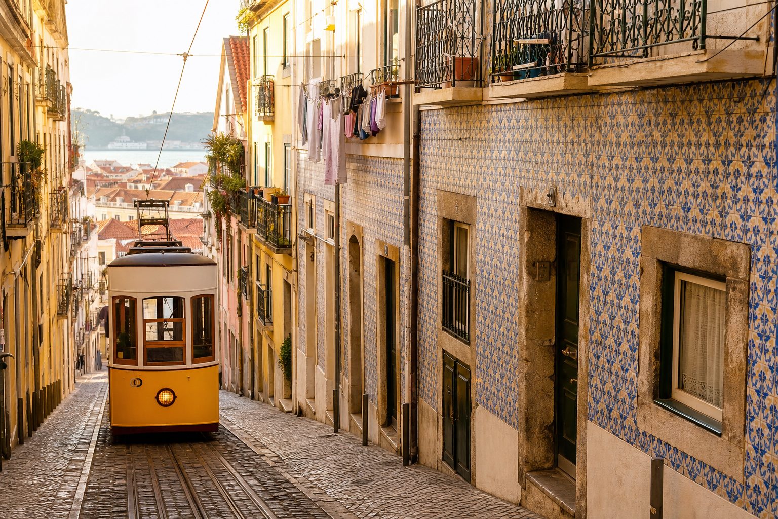 A yellow tram on a tiled street in Lisbon